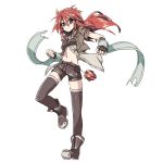  1girl alternate_costume alternate_hair_length alternate_hairstyle brown_legwear duel_monster highres hiita kurenaitaro looking_at_viewer midriff mound_of_venus navel red_eyes redhead simple_background solo thigh-highs white_background yuu-gi-ou yuu-gi-ou_duel_monsters 