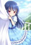  1girl blue_hair blush curtains dress highres idolmaster idolmaster_cinderella_girls kisa_(k_isa) long_hair looking_at_viewer red_eyes sajou_yukimi sky solo 