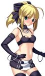  1girl ahoge blonde_hair blush choker cosplay disgaea elbow_gloves etna etna_(cosplay) fate/stay_night fate_(series) gloves green_eyes midriff navel saber skirt skylader solo thigh-highs 