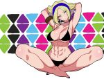  1girl abs adjusting_hair bikini black_bikini blonde_hair blue_eyes blue_mary blue_nails breasts cleavage collarbone fatal_fury hairband highres hohehohe king_of_fighters nail_polish navel sitting solo swimsuit 