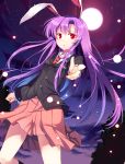  1girl abusoru animal_ears highres long_hair looking_at_viewer moon nail_polish necktie pointing pointing_at_viewer purple_hair rabbit_ears red_eyes reisen_udongein_inaba solo touhou 