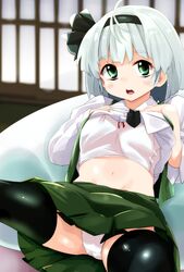  1girl black_legwear green_eyes hair_rings konpaku_youmu long_sleeves looking_at_viewer midriff navel open_mouth panties shirt silver_hair skirt solo spread_legs thigh-highs touhou underwear vest vest_lift waira white_panties 