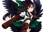  1girl :/ arm_cannon bird_wings black_hair blouse boots bow folded_leg frilled_skirt frills hair_bow head_tilt highres long_hair looking_at_viewer mikomo0106 red_eyes reiuji_utsuho short_sleeves simple_background single_glove skirt solo third_eye touhou weapon white_background wings 