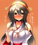  1girl ahoge black_hair blush breasts brown_eyes collarbone detached_sleeves full-face_blush gradient gradient_background hair_between_eyes hair_ornament hairband hairclip hand_on_own_chest haruna_(kantai_collection) heart heart_necklace highres kantai_collection large_breasts long_hair looking_at_viewer nontraditional_miko open_mouth orange_background ribbon-trimmed_sleeves ribbon_trim solo sweatdrop translation_request tsukui_kachou upper_body 