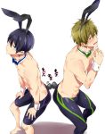  2boys animal_ears black_hair blue_eyes blush brown_hair bunny_boy bunny_tail detached_collar fake_animal_ears fake_tail free! green_eyes jammers male_focus multiple_boys nanase_haruka_(free!) rabbit_ears shouno_kotarou tachibana_makoto tail wrist_cuffs 