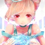  1girl bangs bare_shoulders deemo face girl_(deemo) hair_up hoshi_no_yurara_(xxberry_0x0) looking_at_viewer red_eyes smile solo sphere 