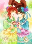  animal_ears black_hair blue_dress dress egg flower flower_on_head genderswap green_dress green_eyes hair_ribbon heart heart_hands heart_hands_duo jojo_no_kimyou_na_bouken kakyouin_noriaki kujira_(angorausagi) kuujou_joutarou multicolored_background rabbit_ears redhead ribbon star starry_background 