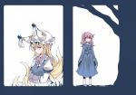  2girls animal_ears blonde_hair empty_eyes fox_ears fox_tail hammer_(sunset_beach) hands_in_sleeves hat japanese_clothes kimono long_hair multiple_girls multiple_tails no_hat pink_eyes pink_hair saigyouji_yuyuko saigyouji_yuyuko_(living) sandals tail touhou wide_hips yakumo_ran yellow_eyes 