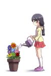  1girl braid flower flower_pot from_side green_eyes hood_down hooded_jacket kneehighs love_live!_school_idol_project pink_shoes purple_hair shikei_(jigglypuff) shoes simple_background skirt solo toujou_nozomi twin_braids watering watering_can white_background white_legwear younger 