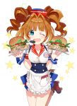  1girl apron blue_eyes brown_hair burger_skater_(idolmaster) chagoon food hamburger hat headset idolmaster one_eye_closed smile solo takatsuki_yayoi twintails 