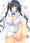  1girl black_hair blue_eyes breasts cleavage dungeon_ni_deai_wo_motomeru_no_wa_machigatteiru_darou_ka gloves hair_ribbon heart hestia_(danmachi) huge_breasts long_hair looking_at_viewer panties rei_no_himo ribbon smile solo star twintails underwear white_panties yahiro_(anhnw) 