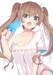  1girl blue_eyes breasts brown_hair cleavage fang koga_rejini off_shoulder open_mouth original popsicle simple_background solo twintails 