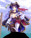  1girl blue_eyes blue_hair breasts chain_chronicle character_request cleavage dutch_angle gun hat hat_feather highres jacket_over_shoulder large_breasts long_hair looking_at_viewer pirate_costume pirate_hat pov shirt sukumo_(kemutai) weapon white_shirt 