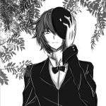  1124366468_(artist) 1boy bowtie deemo deemo_(character) holding_mask looking_at_viewer mask monochrome personification shirt solo tree 
