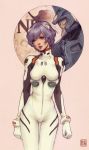  1girl art_nouveau ayanami_rei blue_hair bodysuit breasts cowboy_shot eva_00 hairpods jasmin_darnell lips neon_genesis_evangelion nose plugsuit red_eyes short_hair solo thigh_gap 