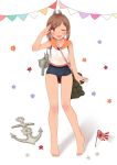  1girl :d anchor barefoot brown_hair hair_ornament hairclip highres i-401_(kantai_collection) jamu_(arpakassosan) kantai_collection low_ponytail one_eye_closed open_mouth ponytail sailor_collar sailor_shirt salute school_swimsuit shirt short_hair smile solo swimsuit swimsuit_under_clothes 