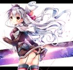  1girl amatsukaze_(kantai_collection) ass black_panties brown_eyes dress dress_lift from_behind hair_tubes headgear kantai_collection letterboxed long_hair looking_at_viewer looking_back nanamomo_rio panties paper_airplane red_legwear sailor_collar sailor_dress silver_hair solo striped striped_legwear thigh-highs two_side_up underwear 