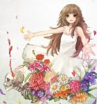  1girl brown_eyes brown_hair deemo dress flower girl_(deemo) jikkentai_(zol8529) looking_at_viewer outstretched_arms reaching skull smile solo 