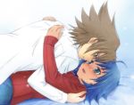  2boys ahoge akari_seisuke blue_hair blush brown_hair cardfight!!_vanguard green_eyes kai_toshiki male_focus multiple_boys on_person open_mouth ribbed_sweater sendou_aichi short_hair smile sweater turtleneck yaoi 