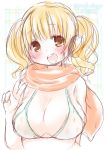 1girl bikini blonde_hair blush breasts cleavage headphones huge_breasts idu_michito looking_at_viewer navel nitroplus open_mouth orange_eyes plump scarf short_hair smile solo super_pochaco swimsuit twintails v 
