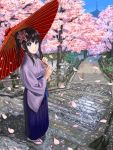  1girl agetake black_hair blue_eyes cherry_blossoms flower hair_flower hair_ornament highres japanese_clothes kimono looking_at_viewer oriental_umbrella original pagoda parted_lips petals ponytail sandals smile solo stairs stone_lantern stone_stairs tabi tree umbrella white_legwear 