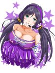  1girl bare_shoulders breasts cheerleader cleavage elbow_gloves gloves green_eyes grin headset ky_kosuke long_hair looking_at_viewer love_live!_school_idol_project pom_poms purple_hair smile solo star toujou_nozomi twintails 