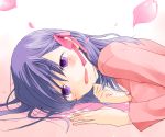  1girl casual fate/stay_night fate_(series) kino_hazuki long_hair looking_at_viewer lying matou_sakura open_mouth petals purple_hair smile violet_eyes 