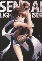  armpit_holster black_gloves black_lagoon boots brown_hair character_name cutoffs d-style_wed denim denim_shorts dual_wielding fingerless_gloves gloves gun handgun holster kantai_collection midriff pistol revy_(black_lagoon) revy_(black_lagoon)_(cosplay) scarf sendai_(kantai_collection) short_shorts shorts smile two_side_up weapon white_scarf 