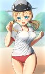  1girl blonde_hair blue_eyes bouncing_breasts breasts buruma flying_sweatdrops gym_uniform hat highres kantai_collection maku_ro open_mouth prinz_eugen_(kantai_collection) running solo sweat sweating twintails 
