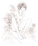  1girl barefoot competition_swimsuit monochrome one-piece_swimsuit original short_hair sketch solo swimsuit traditional_media yoshitomi_akihito 