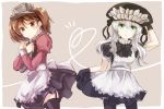  2girls alternate_costume apron aqua_eyes brown_eyes brown_hair gloves heart iroha_(shiki) kantai_collection looking_at_viewer maid maid_apron monster multiple_girls pale_skin pantyhose ribbon ryuujou_(kantai_collection) shinkaisei-kan skirt skirt_lift thigh-highs twintails visor_cap white_hair wo-class_aircraft_carrier 