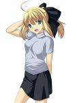  1girl ahoge blonde_hair blush casual fate/stay_night fate_(series) green_eyes long_sleeves looking_at_viewer saber skirt skylader smile solo 