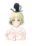  1girl ameyame blush breasts cleavage cleavage_cutout green_hair hat large_breasts open-chest_sweater ribbed_sweater short_hair simple_background sleeveless sleeveless_turtleneck soga_no_tojiko solo sweater tate_eboshi touhou turtleneck white_background 