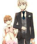  1boy 1girl aldnoah.zero aoikoisi blush braid dress eddelrittuo formal gloves long_hair necktie no_pupils short_hair silver_hair slaine_troyard smile suit violet_eyes white_gloves 