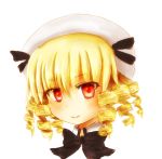  1girl blonde_hair drill_hair hat light_smile looking_at_viewer luna_child noutaru_(masayaichinl) portrait red_eyes ribbon short_hair simple_background solo touhou white_background 