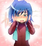  1boy ahoge blue_eyes blue_hair blush cardfight!!_vanguard covering_ears kamiya_zuzu male_focus open_mouth ribbed_sweater sendou_aichi short_hair solo sweater tears vest 