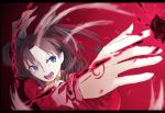 1girl black_hair blue_eyes coat fate/stay_night fate_(series) letterboxed long_hair long_sleeves magic open_mouth outstretched_arm papaia_(quentingqoo) solo toosaka_rin two_side_up 
