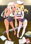  2girls :d bare_legs bare_shoulders barefoot black_eyes blue_eyes book breasts cleavage crop_top glasses hat highres i-8_(kantai_collection) kantai_collection long_hair looking_at_viewer low_twintails masaharu_(nuaa) multiple_girls name_tag neckerchief open_mouth pencil ro-500_(kantai_collection) sailor_collar sailor_hat school_swimsuit smile swimsuit swimsuit_under_clothes tan tanline thigh-highs torpedo twintails white_hair white_legwear 