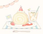  bird drinking_glass drinking_straw food fork fruit no_humans original plate r. simple_background strawberry swan swiss_roll whipped_cream white_background 