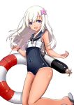  1girl asya blonde_hair blue_eyes crop_top flower hair_flower hair_ornament highres kantai_collection lifebuoy long_hair ro-500_(kantai_collection) school_swimsuit smile solo swimsuit tan tanline torpedo 