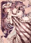  1girl blue_ribbon capelet covering_mouth crescent double_bun dress dutch_angle flat_gaze frilled_dress frilled_sleeves frills hair_ribbon hat hat_ribbon highres long_hair looking_at_viewer mob_cap patchouli_knowledge purple_hair red_ribbon ribbon sepia solo touhou tress_ribbon very_long_hair violet_eyes wiriam07 