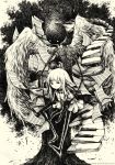  1girl carrying deemo deemo_(character) dress girl_(deemo) height_difference highres instrument long_hair looking_at_viewer piano sheet_music size_difference sonnyaws tree watermark wings 
