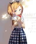  1girl :p bag bite_mark blonde_hair blush doughnut food food_on_face hair_ornament hair_ribbon hairclip highres looking_at_viewer mole mole_under_eye ribbon sama shirobako short_hair short_twintails skirt smile solo tongue tongue_out twintails yano_erika 