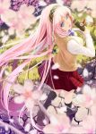  1girl black_legwear blue_eyes bowtie cherry_blossoms flower graduated_cylinder grass hairband highres long_hair long_sleeves looking_back megurine_luka okingjo pink_hair school_uniform shirt skirt smile socks solo sweater very_long_hair vocaloid 