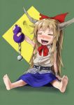  1girl barefoot baten_(gei-vorugu) commentary_request drunk fang gourd hair_ribbon highres horns ibuki_suika long_hair ribbon touhou 