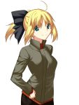  1girl ahoge blonde_hair blush casual fate/stay_night fate_(series) green_eyes jacket long_sleeves looking_at_viewer saber skylader smile solo 
