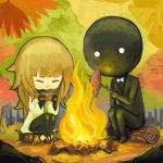  1girl ^_^ brown_hair closed_eyes deemo deemo_(character) eating fire food forest girl_(deemo) happy highres maxcaffy nature stick sweet_potato tree_stump 