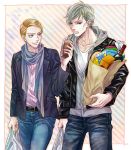  2boys blonde_hair casual drinking grey_hair jacket jojo_no_kimyou_na_bouken multiple_boys prosciutto risotto_nero scarf yukiji 