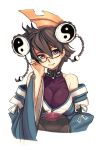  1girl adjusting_glasses alternate_eye_color ar_tonelico ar_tonelico_i bangs bare_shoulders bespectacled black_hair braid breasts collarbone detached_sleeves glasses halterneck hand_on_own_cheek hand_on_own_face kiririn51 looking_at_viewer misha_arsellec_lune semi-rimless_glasses short_hair smile solo tagme twin_braids upper_body violet_eyes yin_yang 