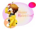  1girl ahoge bike_shorts brown_eyes brown_hair candy chocolate gift happy_valentine haruto_(haru_re26) heart highres hood_down hoodie kneeling linne lollipop mouth_hold open_clothes open_hoodie seiza short_hair sitting small_breasts solo turtleneck under_night_in-birth 